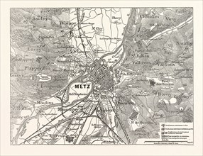 Franco-Prussian War: Plan of the fortress of Metz and environment, France