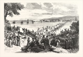 Franco-Prussian War: French soldiers break down the ship's bridge over the Rhine at Kehl