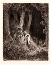 DANTE IN THE GLOOMY WOOD, BY Gustave Doré.  Dore, 1832 - 1883, French. Engraving for the Inferno by