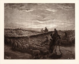 ABRAM, ABRAHAM,  JOURNEYING INTO THE LAND OF CANAAN, BY Gustave Doré. Dore, 1832 - 1883, French.