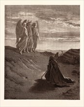 ABRAHAM AND THE THREE ANGELS, BY Gustave Doré. Dore, 1832 - 1883, French. Engraving for the Bible.