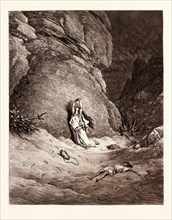 HAGAR AND ISHMAEL IN THE DESERT, BY Gustave Doré. Dore, 1832 - 1883, French. Engraving for the