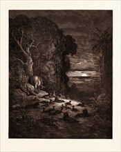 THE SEVENTH EVENING IN EDEN, BY GUSTAVE DORE, 1832 - 1883, French. Engraving for Paradise Lost by