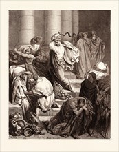 THE BUYERS AND SELLERS DRIVEN OUT OF THE TEMPLE, BY GUSTAVE DORE, 1832 - 1883, French. Engraving