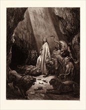 DANIEL IN THE DEN OF LIONS, BY GUSTAVE DORE, 1832 - 1883, French. Engraving for the Bible. 1870,