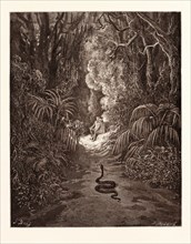 THE FIRST APPROACH OF THE SERPENT, BY Gustave Doré. Dore, 1832 - 1883, French. Engraving for