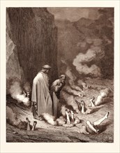 THE PUNISHMENT OF SIMONISTS, BY Gustave Doré. Gustave Dore, 1832 - 1883, French. Engraving for The