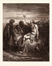 JOB AND HIS FRIENDS, BY Gustave Doré. Gustave Dore, 1832 - 1883, French. Engraving for the Bible.