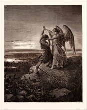 JACOB WRESTLING WITH THE ANGEL, BY Gustave Doré. Gustave Dore, 1832 - 1883, French. Engraving for