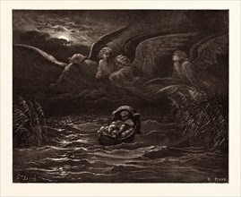 THE CHILD MOSES ON THE NILE, BY Gustave Doré. Gustave Dore, 1832 - 1883, French. Engraving for the