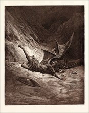 SATAN SMITTEN BY MICHAEL, BY Gustave Doré. Gustave Dore, 1832 - 1883, French. Engraving for