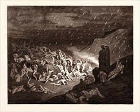 THE TORTURE OF THE FIERY RAIN, BY Gustave Doré. Gustave Dore, 1832 - 1883, French. Engraving for