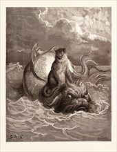 THE MONKEY AND THE DOLPHIN, BY Gustave Doré. Dore, 1832 - 1883, French. Engraving for Fables by
