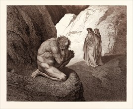 DANTE AND VIRGIL MEET PLUTUS, BY Gustave Doré. Dore, 1832 - 1883, French. Engraving for the Divine