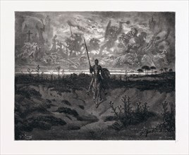 DON QUIXOTE SETTING OUT ON HIS ADVENTURES, BY GUSTAVE DORE. Dore, 1832 - 1883, French. Engraving