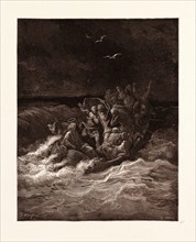 JESUS STILLING THE TEMPEST, BY GUSTAVE DORE. Dore, 1832 - 1883, French. Engraving for the Bible.