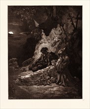 MOURNING BY MOONLIGHT, BY GUSTAVE DORE, 1832 - 1883, French. Engraving for the Bible. 1870, Art,