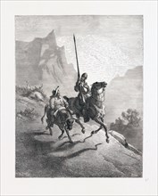 DON QUIXOTE AND SANCHO SETTING OUT, BY GUSTAVE DORE, 1832 - 1883, French. Engraving for Don Quixote