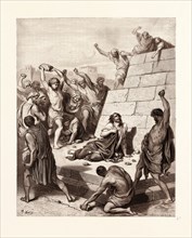 The Stoning of SAINT STEPHEN, BY GUSTAVE DORE, 1832 - 1883, French. Engraving for the Purgatorio or