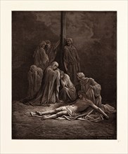 THE DEAD CHRIST, BY GUSTAVE DORE, 1832 - 1883, French. Engraving for the Bible. engraved by Adolphe