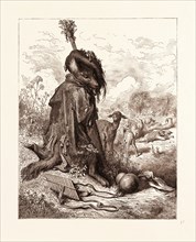 THE WOLF TURNED SHEPHERD, BY GUSTAVE DORE, 1832 - 1883, French. Engraving for Fables by Jean de la