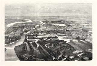 FRANCO-PRUSSIAN WAR: BIRD'S EYE VIEW OF THE FORTRESS OF METZ, ENGRAVING 1870