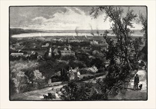 HAMILTON AND BURLINGTON BAY, FROM THE MOUNTAIN, CANADA, NINETEENTH CENTURY ENGRAVING