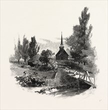 THE OLD MOHAWK CHURCH, CANADA, NINETEENTH CENTURY ENGRAVING