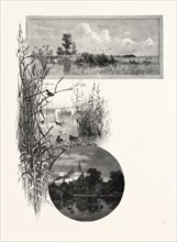 DUCK SHOOTING, LONG POINT (TOP); CLUB HOUSE (BOTTOM), CANADA, NINETEENTH CENTURY ENGRAVING