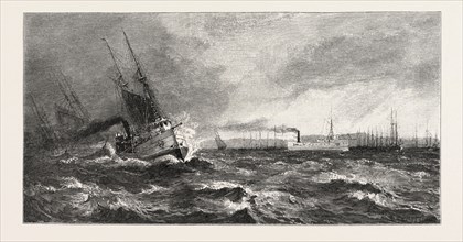 RIDING OUT A SOU'WESTER UNDER LEE OF LONG POINT, CANADA, NINETEENTH CENTURY ENGRAVING
