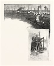 OIL DERRICKS, PETROLEA (TOP); DRILLING A WELL (BOTTOM), CANADA, NINETEENTH CENTURY ENGRAVING