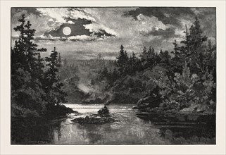 ENTERING INDIAN RIVER, LAKE ROSSEAU, CANADA, NINETEENTH CENTURY ENGRAVING