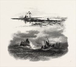 NEW BRUNSWICK, BEACON LIGHT, ST. JOHN, AT LOW AND HIGH TIDE, CANADA, NINETEENTH CENTURY ENGRAVING
