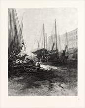 NEW BRUNSWICK, MARKET SLIP, ST. JOHN, AT LOW TIDE, CANADA, NINETEENTH CENTURY ENGRAVING