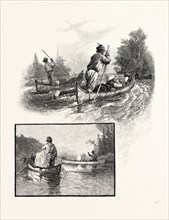 NEW BRUNSWICK, POLING UP AND PADDLING DOWN, CANADA, NINETEENTH CENTURY ENGRAVING