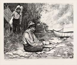 INDIANS MAKING TORCHES, CANADA, NINETEENTH CENTURY ENGRAVING