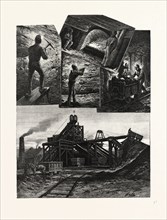 NOVA SCOTIA, MINING SCENES IN THE CALEDONIAN MINES, CANADA, NINETEENTH CENTURY ENGRAVING