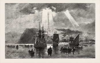 ARRIVAL OF JACQUES CARTIER AT STADACONA, CANADA, NINETEENTH CENTURY ENGRAVING