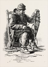 FRENCH CANADIAN LIFE, HABITANT AND SNOW-SHOES, CANADA, NINETEENTH CENTURY ENGRAVING