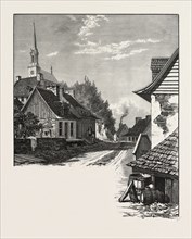 FRENCH CANADIAN LIFE, A STREET IN CHATEAU RICHER, CANADA, NINETEENTH CENTURY ENGRAVING