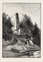 FRENCH CANADIAN LIFE, OLD CHIMNEY AND CHATEAU, CANADA, NINETEENTH CENTURY ENGRAVING