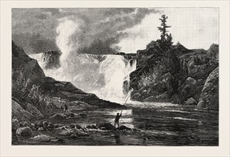 FRENCH CANADIAN LIFE, FALLS OF THE CHAUDIERE NEAR QUEBEC, CANADA, NINETEENTH CENTURY ENGRAVING