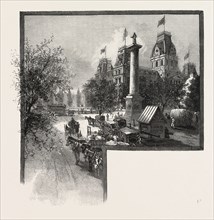 MONTREAL, CITY HALL AND NELSON'S MONUMENT, CANADA, NINETEENTH CENTURY ENGRAVING