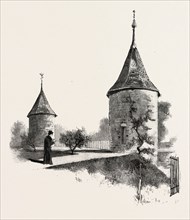 ANCIENT TOWERS AT MONTREAL COLLEGE, CANADA, NINETEENTH CENTURY ENGRAVING