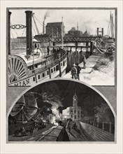 MONTREAL, STEAMER PASSING LOCKS, AND UNLOADING SHIPS BY ELECTRIC LIGHT, CANADA, NINETEENTH CENTURY
