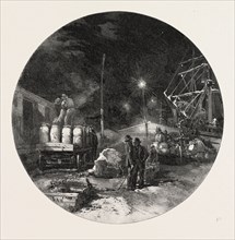 MONTREAL, TRANSFERRING FREIGHT BY ELECTRIC LIGHT, CANADA, NINETEENTH CENTURY ENGRAVING