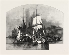 MONTREAL, WOOD BARGES, CANADA, NINETEENTH CENTURY ENGRAVING