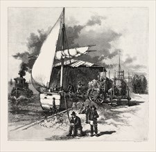 MONTREAL, UNLOADING HAY BARGES, CANADA, NINETEENTH CENTURY ENGRAVING