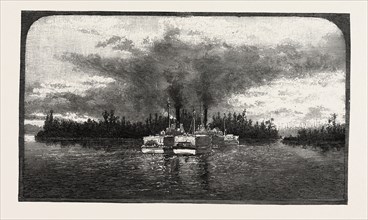 LOWER OTTAWA, A TOW OF LUMBER BARGES, CANADA, NINETEENTH CENTURY ENGRAVING