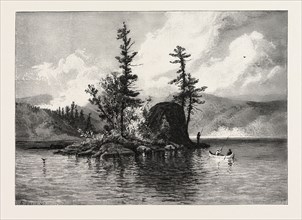 TROUT FISHING ON LAKE COMANDEAU, CANADA, NINETEENTH CENTURY ENGRAVING